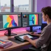 Digital artist engaging with the Nano Banana 2 AI image editor in a vibrant creative workspace.