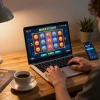 Experience BUKA77 SLOT excitement with a player celebrating a winning spin at home.