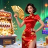 Win big with fly88 in this vibrant 3D casino scene featuring a confident woman, slot machines, and golden treasures.