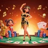 Engage in random video chat with colorful poker elements and fun characters in a vibrant casino scene.