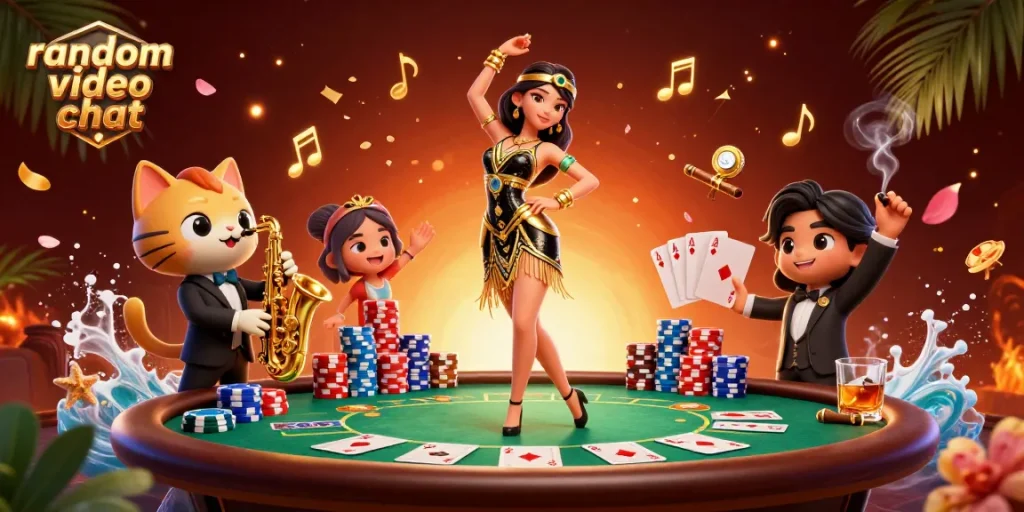 Engage in random video chat with colorful poker elements and fun characters in a vibrant casino scene.