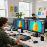 Artist using nano banana AI image editor in a vibrant digital workspace with creative elements.