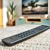 LG Universal Fernbedienung auf dem eleganten Tisch in einem gemütlichen Wohnzimmer.