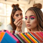 Applying an eyeliner stencil for perfect eye makeup in a vibrant setting.