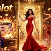 Immerse in the thrilling PG slot scene with a glamorous woman amidst jackpot excitement and casino elements.