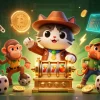 Spin slots with luck as an explorer cat and monkey discover gaming treasures in a vibrant temple scene.