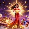 A stunning illustration of kèo bóng đá nhà cái featuring a beautiful Asian woman holding a golden coin, surrounded by vibrant casino elements.