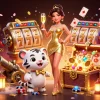 Win678 showcases a glamorous woman celebrating alongside a lucky tiger cub amidst vibrant casino scenes.