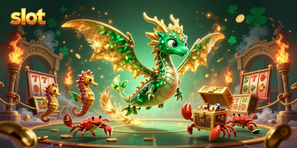 Experience thrilling slot action with a vibrant sea dragon and treasure elements in this dynamic casino scene.