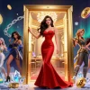 Interagisci con Siti non AAMS sicuri che presentano una donna elegante all'ingresso di un casinò circondata da elementi dinamici di criptovaluta.