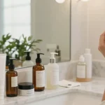 Femeie aplicând produse de îngrijire a pielii într-o baie modernă și luminoasă, cu produse elegante.