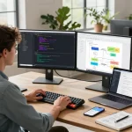 Developer utilizing openclaw in a modern workspace with dual monitors and collaborative tools