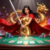 Engage with the vibrant world of 23win as a warrior queen wins at poker amidst dramatic casino elements.