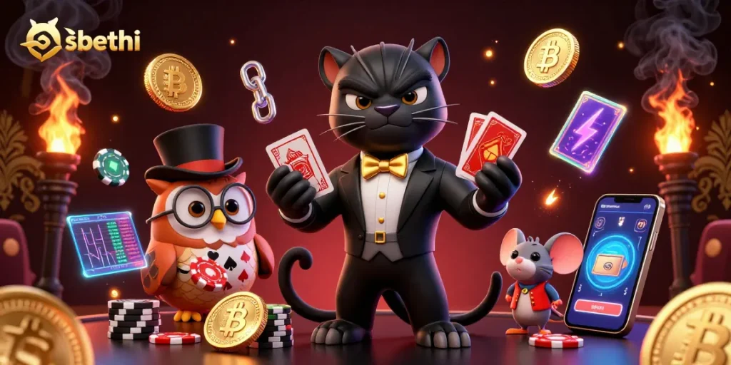 shbethi offers an exciting gaming experience with a stylish panther dealing cards amidst vibrant casino elements.
