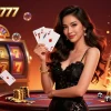 Shoot for wins at situs slot777, illustrated by a stunning Asian woman holding ace cards in a luxurious casino setting.