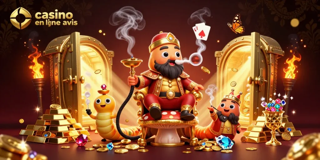 Illustration spectaculaire représentant un avis de casino en ligne, avec des éléments de jeu et des personnages fantastiques.