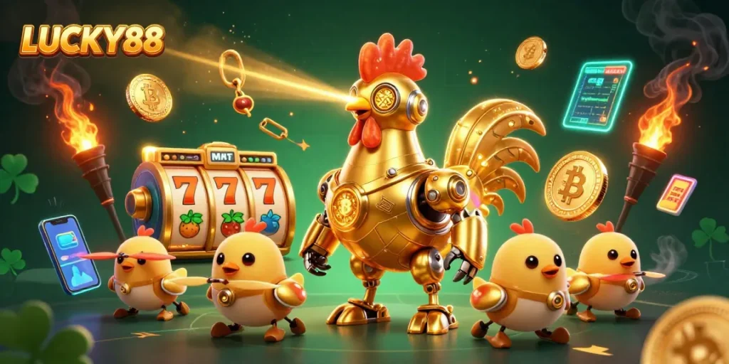 Engage with LUCKY88 slot excitement featuring a golden rooster robot and vibrant gaming elements.