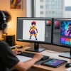 Dynamic scene of an artist using AI tools to create NSFW illustrations, showcasing vibrant designs and a creative workspace.