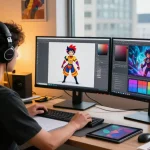 Dynamic scene of an artist using AI tools to create NSFW illustrations, showcasing vibrant designs and a creative workspace.