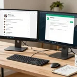 User interacting with WhatsApp電腦版 desktop application in a modern home office.