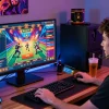 Enthusiastic player using credit card at an online casino on https://chps.org.uk/ in a vibrant gaming setup.