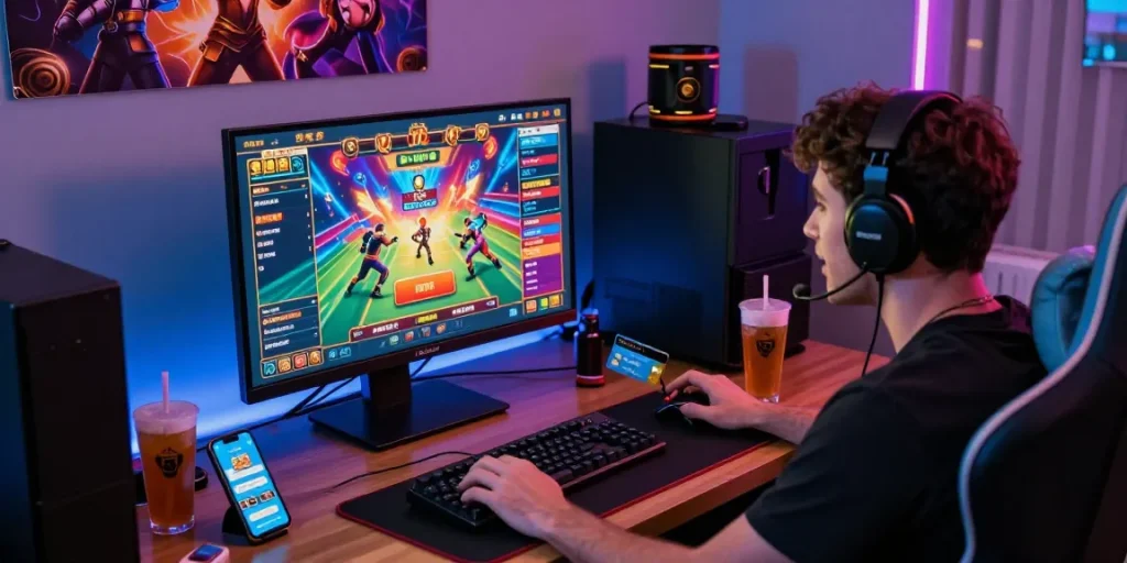 Enthusiastic player using credit card at an online casino on https://chps.org.uk/ in a vibrant gaming setup.