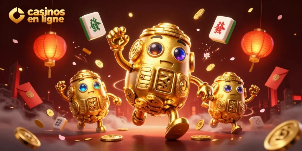 Jouez aux casinos en ligne avec un golem doré entouré de jeux et lanternes fascinantes.