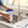 Installing the Waterdrop Spin Down Sediment Filter under a kitchen sink with natural light and tools.