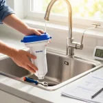 Installing the Waterdrop Spin Down Sediment Filter under a kitchen sink with natural light and tools.