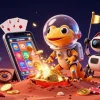 Illustration dynamique d'un casino en ligne paysafecard avec un gecko martien et des éléments de jeu captivants.