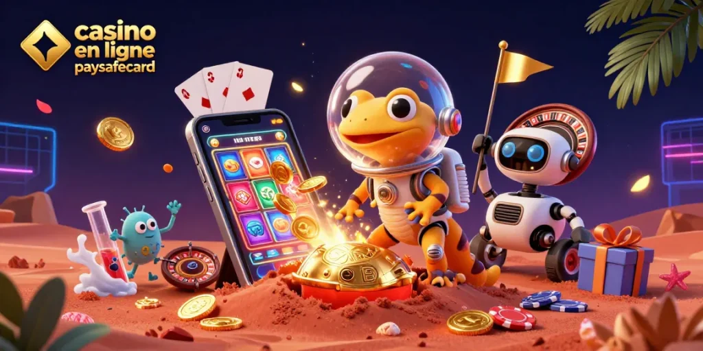 Illustration dynamique d'un casino en ligne paysafecard avec un gecko martien et des éléments de jeu captivants.