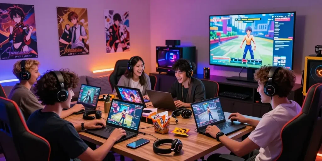 Gamers immersed in adult games on diverse devices in a vibrant game room setting.