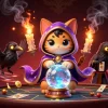 Baccarat game visual featuring a mystic cat, raven, and live casino elements like baccarat tables and cards.