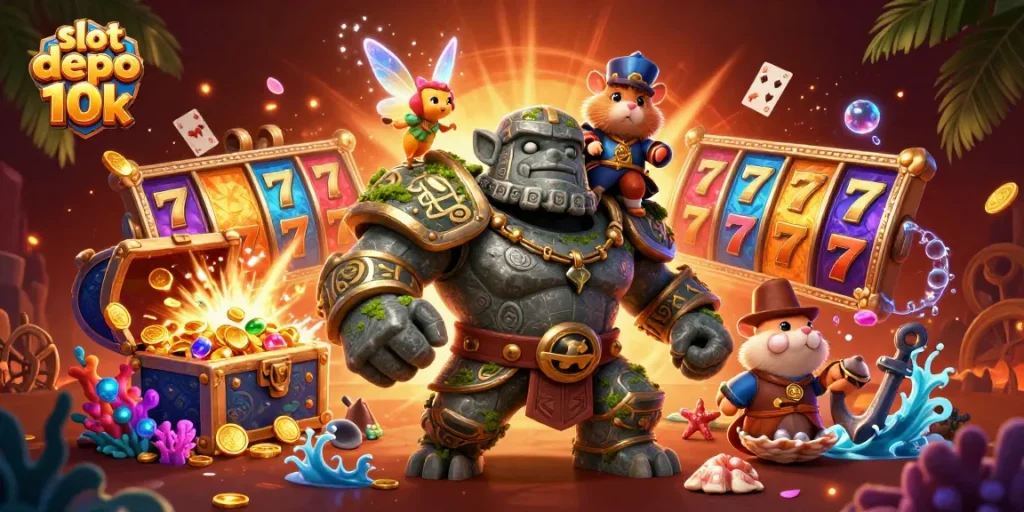 Experience the thrill of slot depo 10k in this vibrant casino illustration filled with jackpots and magical creatures.