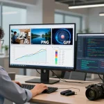 AI detector setup in a modern office with data scientist analyzing various image formats.