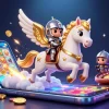 Experience thrilling wins with SHBET's exciting casino gambling illustrated by a celestial knight and golden horse.