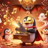 Pakde4D offers exhilarating jackpot chances as a vibrant penguin orchestrates a coin-shooting organ amidst a festive casino scene.