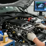 Professioneller Mechaniker überprüft die BMW Steuerkette wechseln in einer modernen Werkstatt.