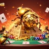 Join the excitement at hengongbet8 with a golden dung beetle rolling coins in a vibrant casino scene.