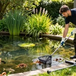 Pond Cleaning Sussex by a professional pond cleaner in a serene garden setting.