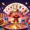 Engage with iwinclub's thrilling gaming environment featuring vibrant casino elements and animated characters.