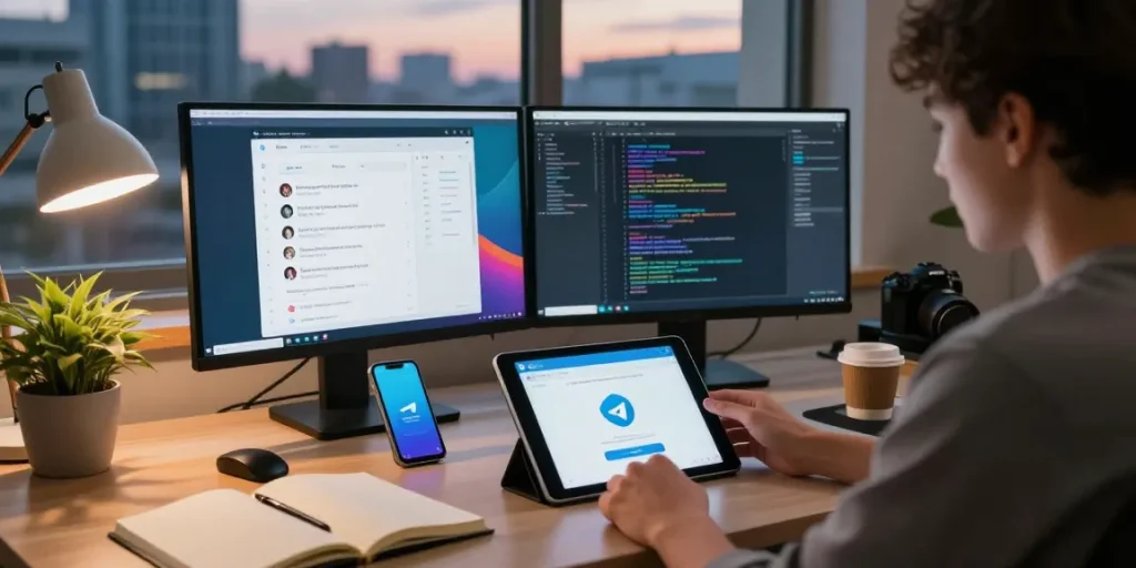Using telegram中文版 on a tablet in a modern workspace, showcasing a cozy tech environment.