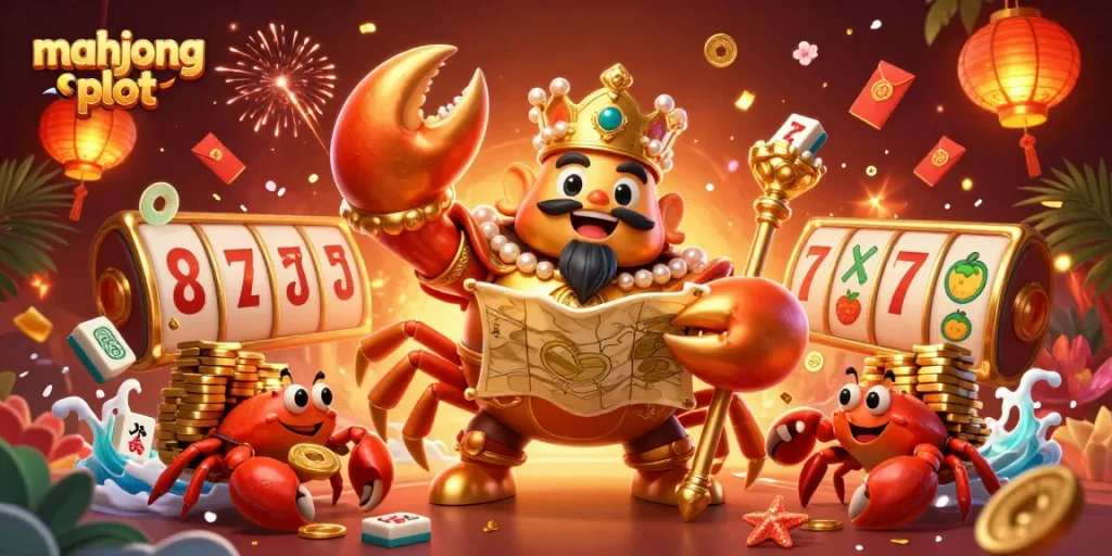 Experience thrilling wins at mahjong slot with a vibrant illustration showcasing an emperor crab and treasure.