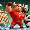 Engage with situs toto slot featuring a vibrant 3D cartoon bull, eagle, and panda amidst spinning reels and golden coins.