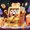 Spin and win at link depo 5k with a golden slot machine celebrating its jackpot.