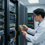 C19/C20 connectors in a modern data center setting with technician inspecting high-powered servers and PDUs.