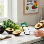 Healthy meal preparation in a bright kitchen with best nutrition tracking app displayed on a smartphone, emphasizing a focus on healthy eating.