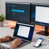 Engaging tech workspace showcasing 纸飞机中文版 app with vibrant setup.