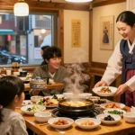 Dining experience at 상봉동 한국관 featuring shared Korean dishes, warm ambiance, and traditional decor.