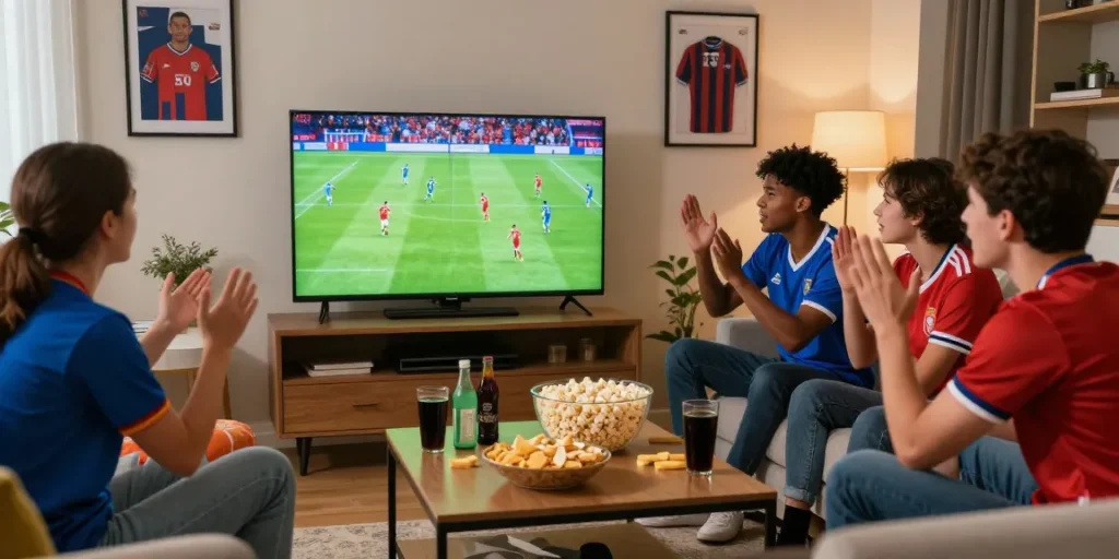 Engaged viewers enjoying a kora live football match in a cozy setting.